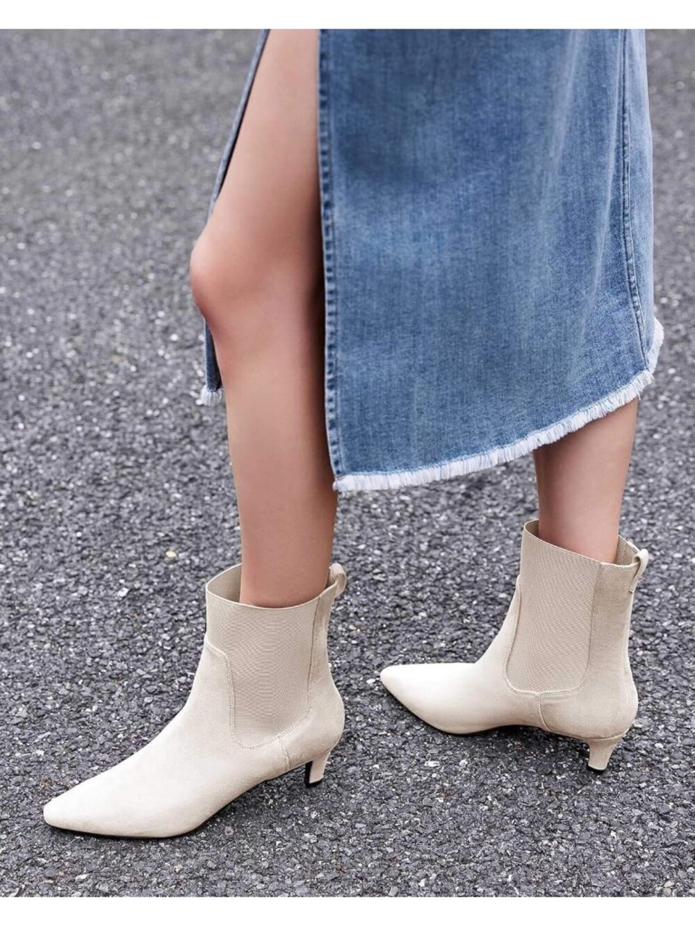 Women's Beige Rubber Low Kitten Pointed Toe Slip On Elastic Ankle Booties - Picture 2 of 6